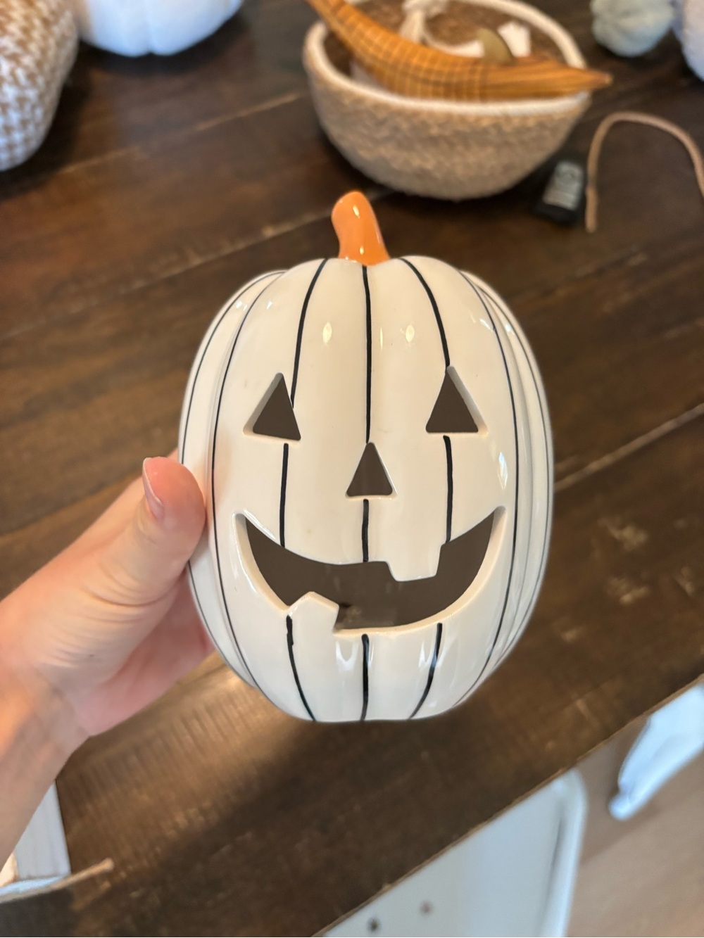 Ceramic White Jack-O'-Lantern Decoration with Orange Stem